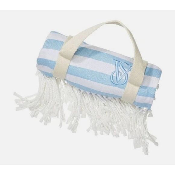 Victoria's Secret Other - Victoria's Secret Beach Blanket Monogram Fringe Blue White Striped 34"x60" NWT